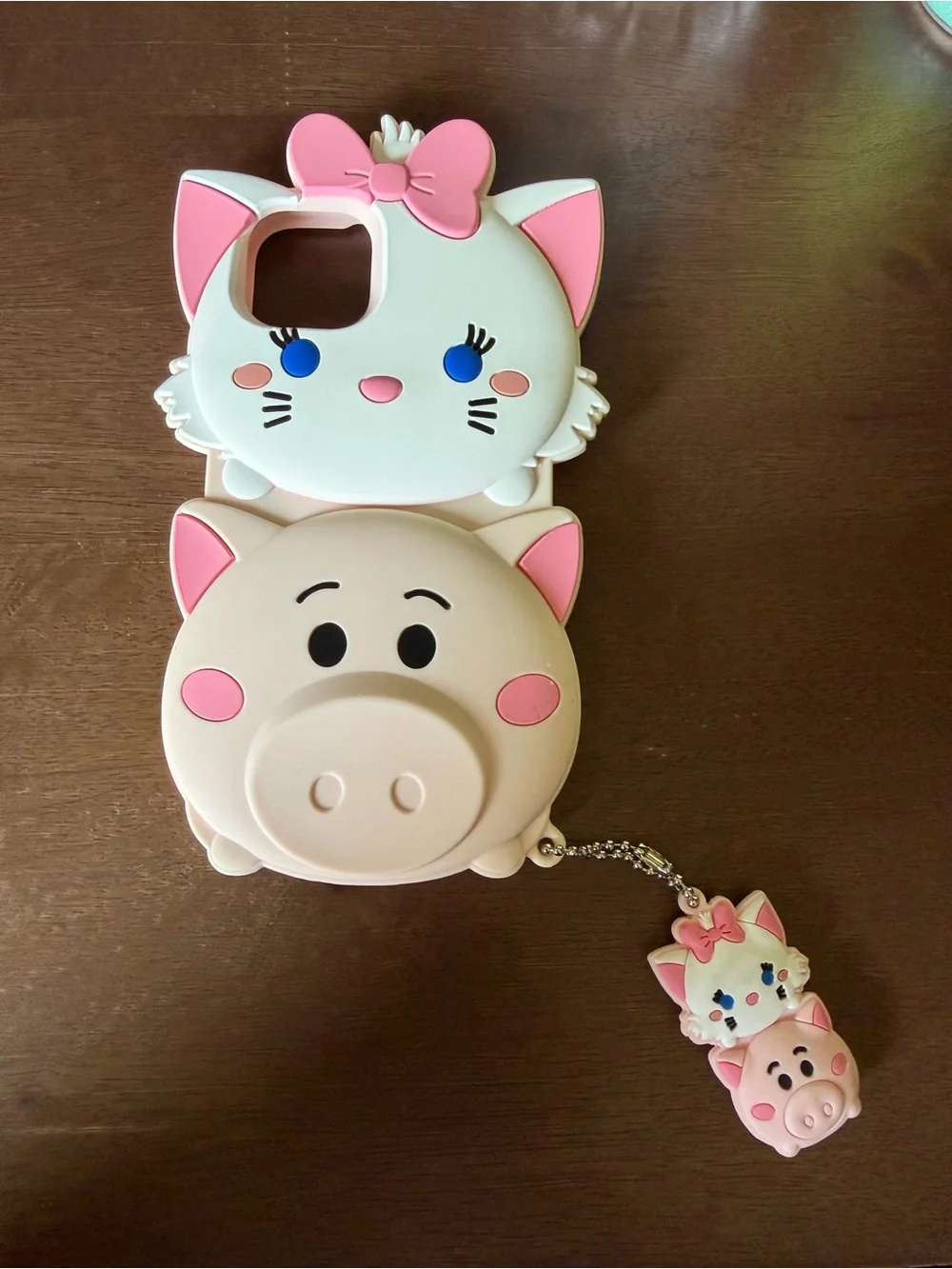 Cute Pink Cat & Pig Kids Phone Case with Keychain Charm